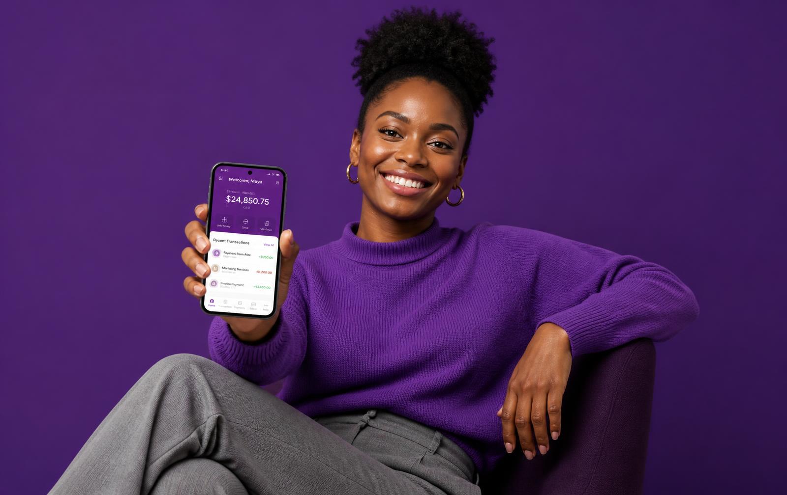 Business owner holding a phone showing funding balances
