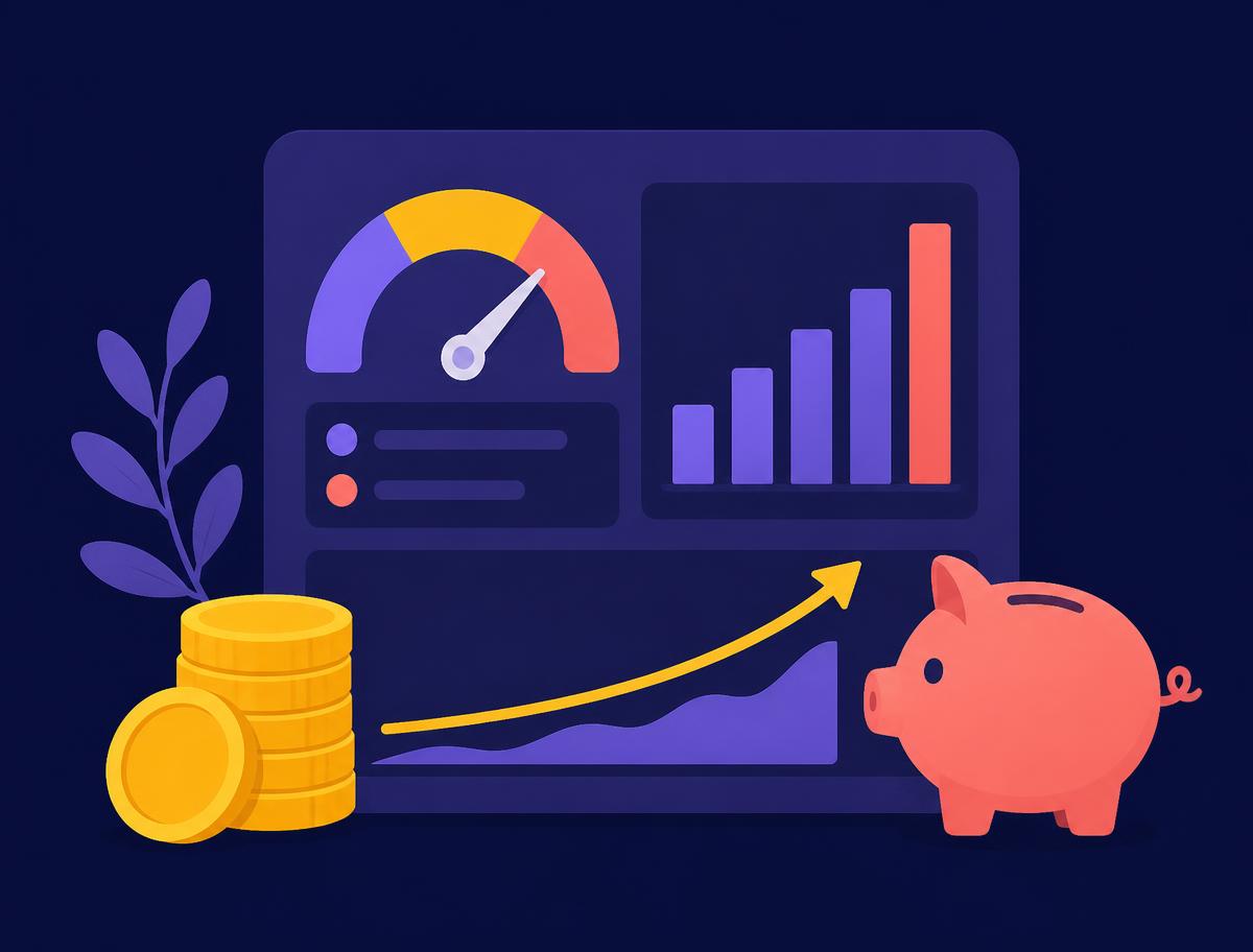 Illustration of a cash-flow dashboard with coins and a rising chart